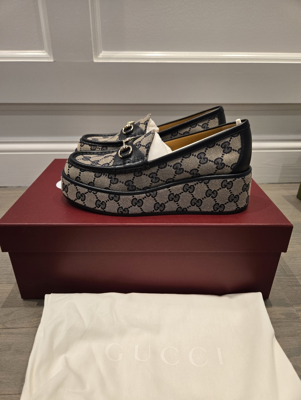 $1,200 Gucci Ilde GG Supreme Canvas/Leather Flatform Blue Loafer EU 37.5 US 7.5 - Picture 5 of 10